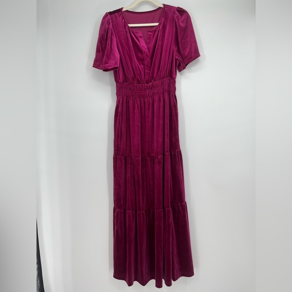 Velvet Tiered Maxi Dress | Wine Burgundy Boutique Gown | Sizes S & M NWT